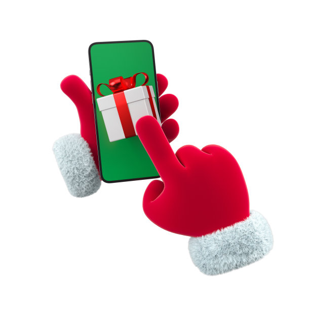 新年红手指手机上带礼物的绿屏。圣诞节和新年活动的概念。促销活动或促销大折扣的概念。3 d渲染。图片下载