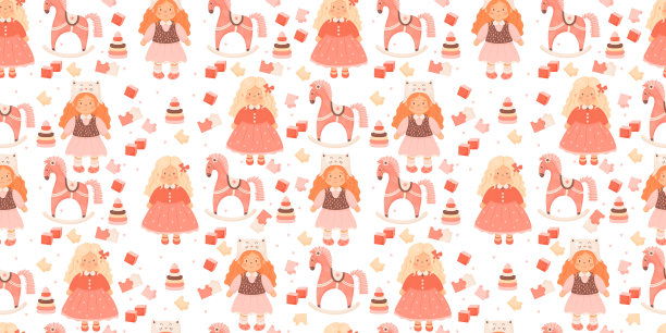 儿童无缝图案。孩子们的玩具娃娃。可爱的卷发女孩，摇马，拼图，立方体和金字塔在白色的背景。矢量水平插图在卡通风格图片下载