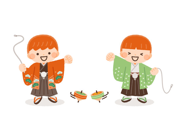 两个男孩穿着和服玩相框的插画素材图片下载