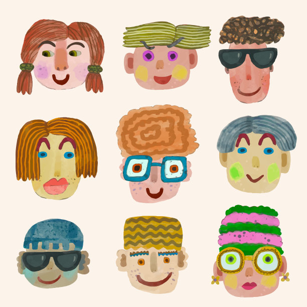 男孩和女孩的笑脸水彩矢量插画儿童艺术图片下载