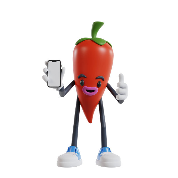 3d卡通辣椒人物竖起大拇指，展示智能手机屏幕图片下载