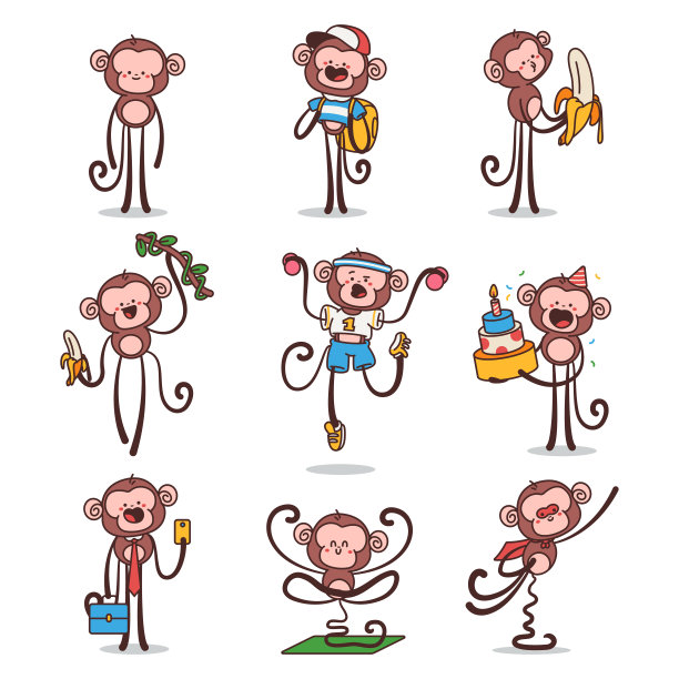 可爱的猴子矢量卡通人物设置孤立在一个白色的背景。图片下载
