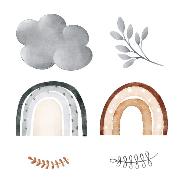一套水彩婴儿插图与云，彩虹，树枝和树叶。完美的纺织品，包装，卡片，小册子，婴儿淋浴，海报图片下载