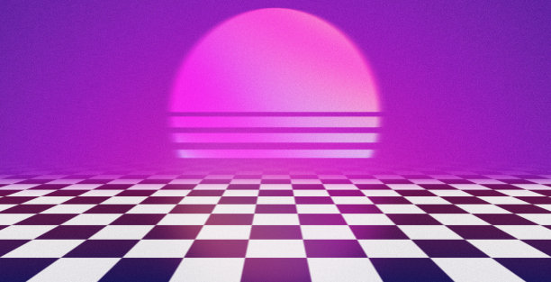 蒸汽波景观与复古的日落，太阳和格子地板。80或90年代风格的美学艺术海报，复古的颗粒风格。质地柔软的复古海报。图案与黑白格子地板图片下载