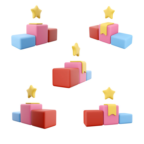 3d渲染领奖台获胜者图标集。3d渲染彩色领奖台第一，第二和第三名，横幅是挂在第一名，上面是一个不同位置的星星图标集图片下载