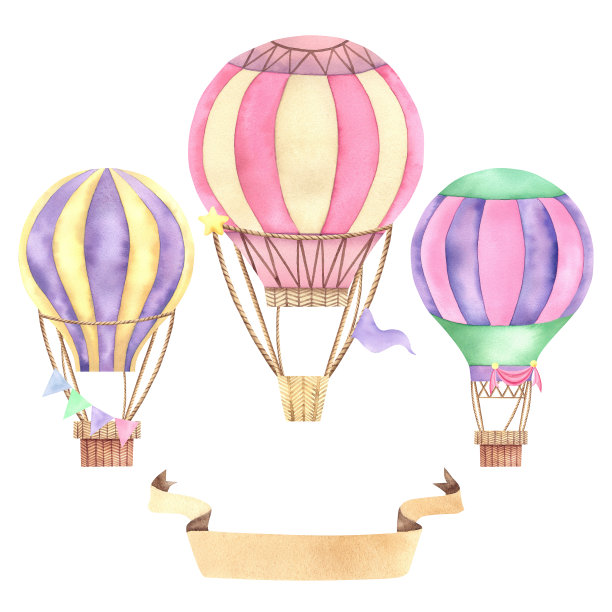 一组气球。白色背景水彩插图。一次穿越天空的旅行。孩子的房间。娱乐和运动。图片下载