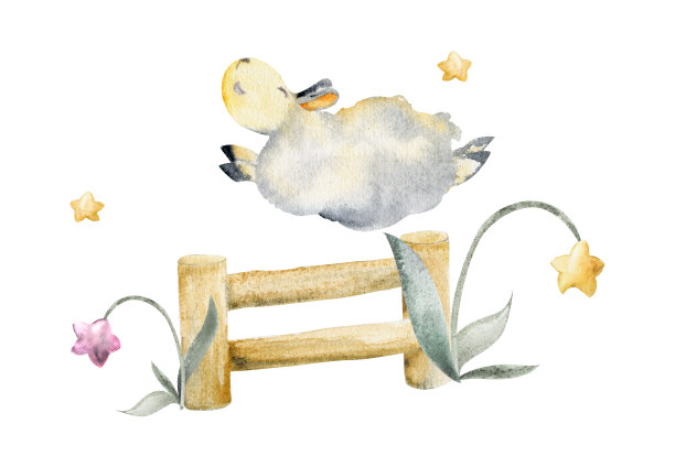 水彩手绘插画，可爱的小毛绒小绵羊跳栅栏，星星花。变形的效果。在白色背景上孤立的构图。适用于儿童卧室，织物，亚麻布印花图片下载