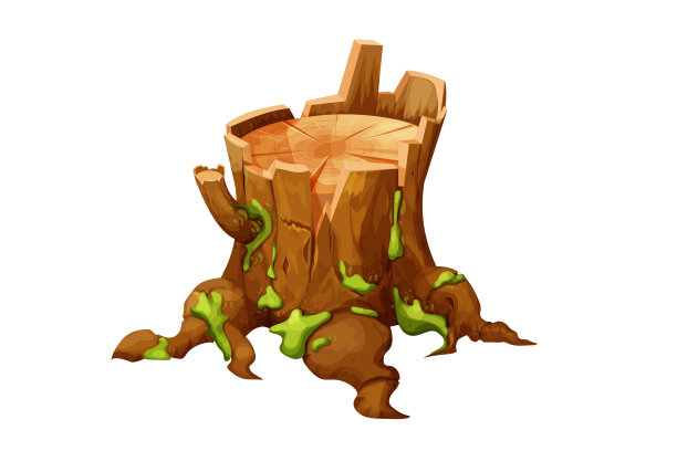 木制的老树桩森林树干与根，苔藓切节在卡通风格孤立。植物详细。。矢量图图片下载