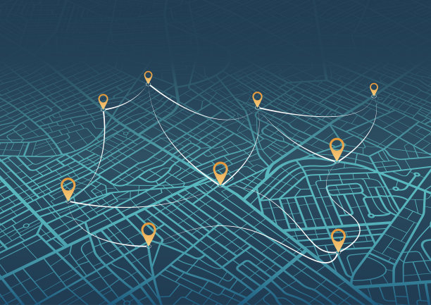 等距。从一个点到预定目标的路径，有许多目的地，标志。主要道路贯穿地图。用于获取距离和路径转弯数据的导航制图技术。向量图片下载