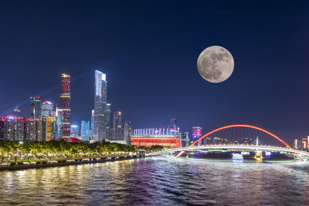 中国广州，珠江新城，月儿冉冉升起图片下载