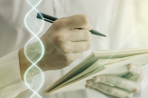 创意概念与DNA符号插图和人类手写在笔记本上的背景。基因组研究概念。Multiexposure图片下载