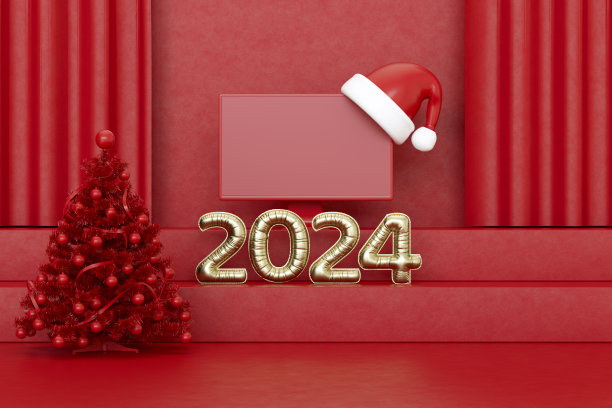 2024年新年气球和电脑显示器与圣诞老人帽在红色讲台上，圣诞背景。图片下载