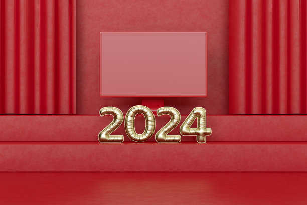 红色讲台上的2024年新年气球和电脑显示器，圣诞背景。图片下载