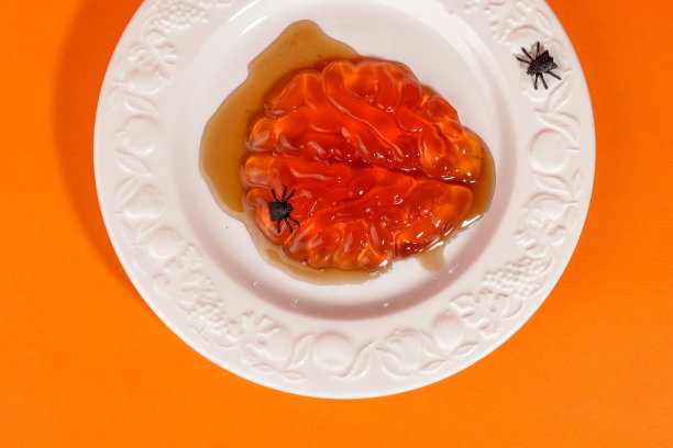 在橙色背景的白色盘子上，摇摇晃晃的黏糊糊的大脑和苍蝇图片下载