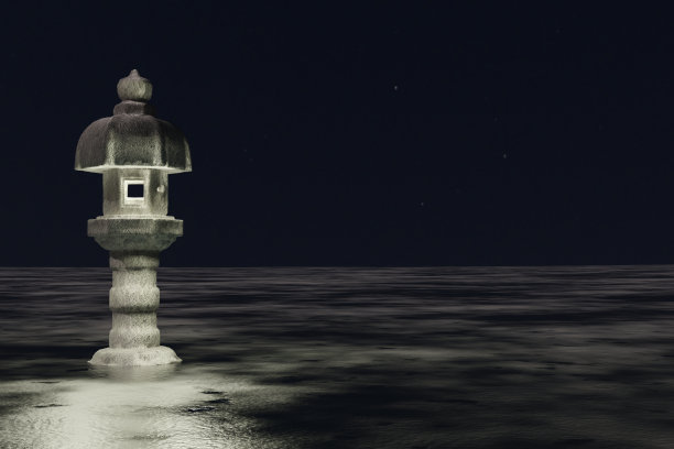 3d渲染冬季平台和自然的讲台背景，石头灯笼在夜晚照亮冰场，用于产品展示，广告，模型，展示等图片下载