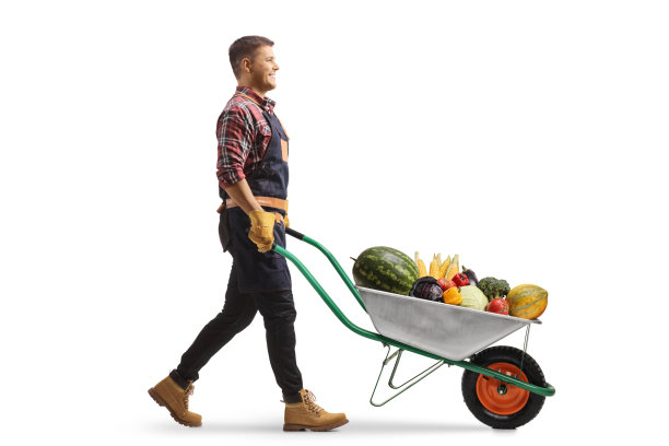 一个农民的全身侧面照片推着一辆手推车的水果和蔬菜图片下载