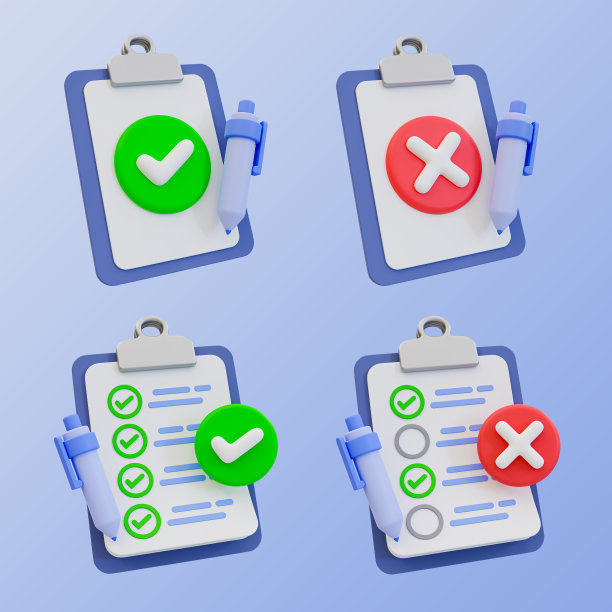 3d接受和取消的最小文件集。带有勾号和叉号的剪贴板。3d渲染图。图片下载