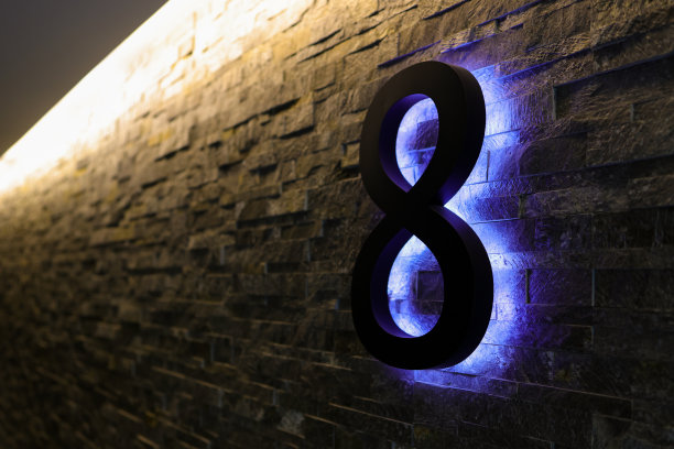 暗霓虹灯字体与荧光紫色管8号在深褐色砖墙。夜秀字母表。图片下载