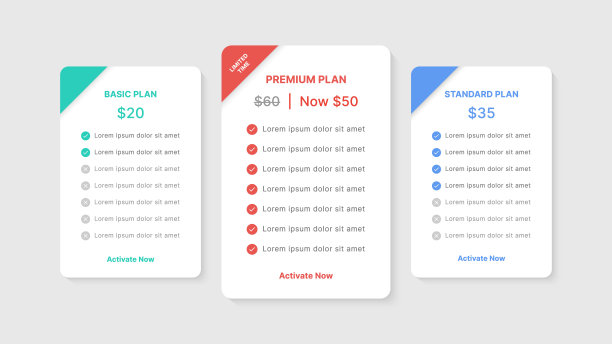 价格表包比较信息图表模板设计与3订阅计划图片下载