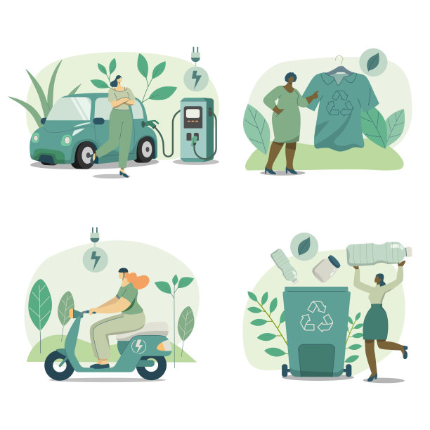 一套环保可持续，电动汽车充电站，女性使用天然棉面料，女性骑电动摩托车，图片下载