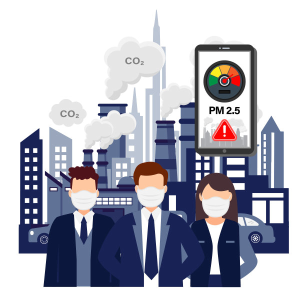 商务人士戴口罩，以保护烟雾，灰尘和空气污染的城市，工厂管道和工业烟雾矢量插图。图片下载