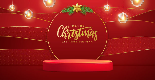圣诞假期展示背景与3d讲台和电灯。矢量图图片下载