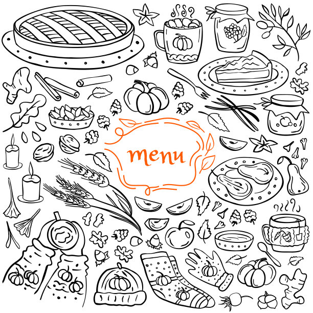 秋季菜单卡——南瓜派、苹果、纸杯蛋糕、饼干、蛋糕、热饮、果酱、苹果、派。矢量插图。完美的秋季菜单，着色书，贺卡，印刷。图片下载