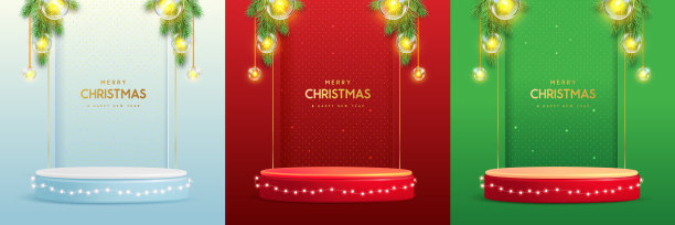 一套节日圣诞展示背景与3d讲台和一串灯。矢量图图片下载