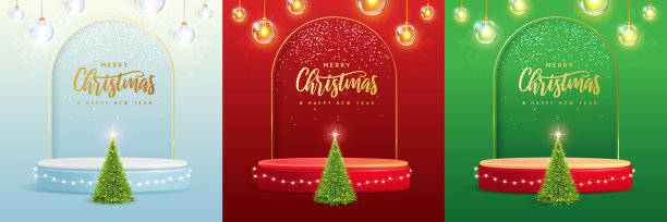 一套节日圣诞展示背景与3d讲台，圣诞树和串灯。矢量图图片下载
