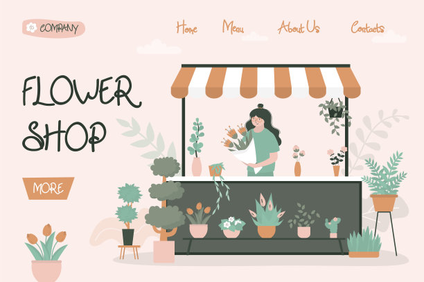 女花店卖花束在户外花店，登陆页面模板。卖主卖植物和鲜花。园艺店。矢量平面插图图片下载