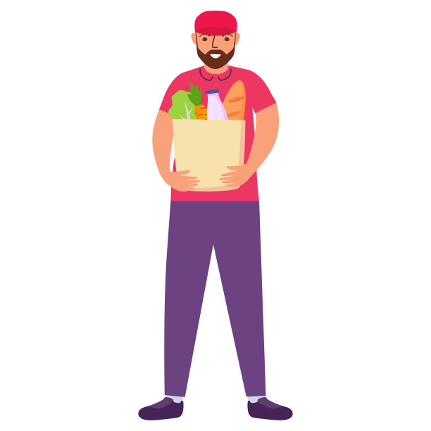 送货员拿着杂货纸袋。送餐服务。矢量平面插图。图片下载