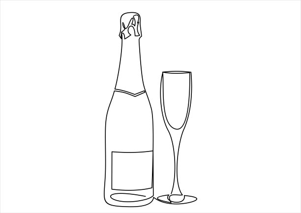 矢量连续一个单线绘制的香槟与眼镜圣诞风格的瓶子图标在一个白色的背景剪影。线性程式化。图片下载
