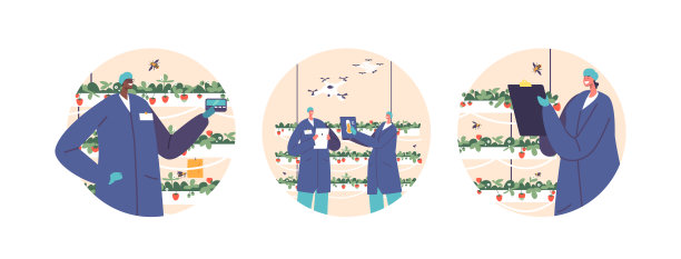 隔离矢量圆形图标或头像与工人使用智能自动化草莓生产技术图片下载