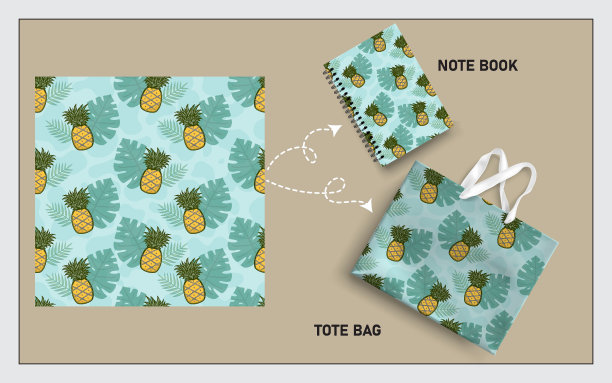 模拟手提袋和笔记本与菠萝水果，叶无缝图案。图片下载