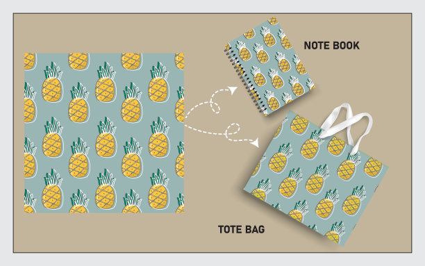 模拟手提袋和笔记本与菠萝水果，叶无缝图案。图片下载