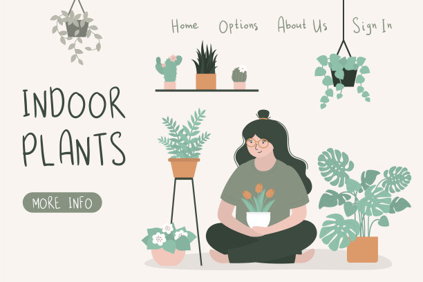 室内植物，登陆页面模板。女园丁坐在室内植物周围。花店。姑娘培育和浇灌花朵，家里盆栽。园艺的爱好图片下载