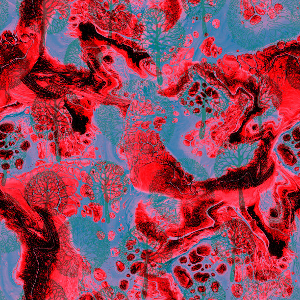 令人惊叹的森林无缝流畅的纹理与红蓝树的轮廓在涂鸦。图片下载