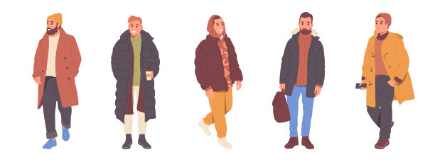 独立的一组不同的男性卡通人物穿着时尚的街头服装和走路图片下载