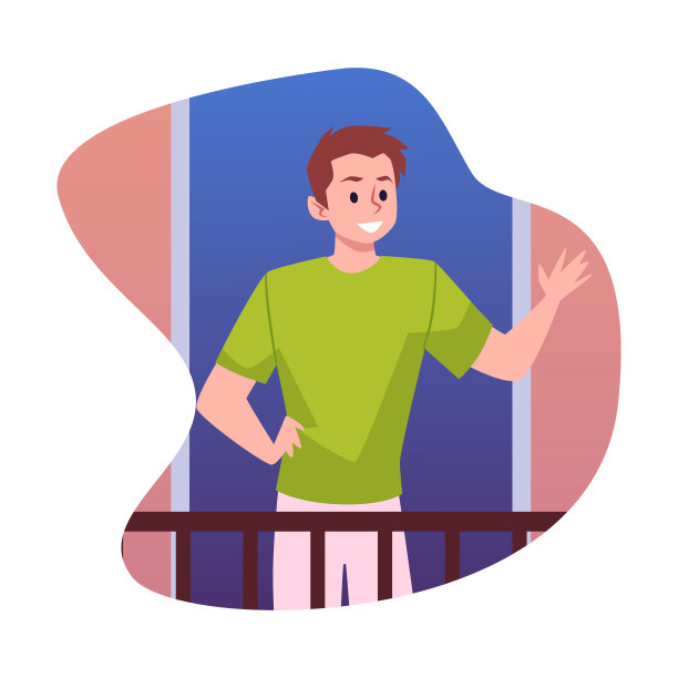 一个微笑的年轻人站在阳台上，挥手致意图片下载