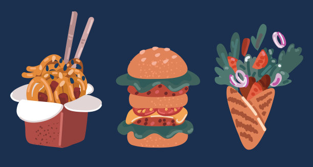快餐收集的卡通矢量插图。餐厅或晚餐菜单的食物设置。面条，汉堡，莎玛图片下载