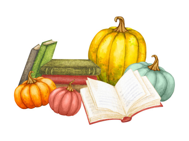 南瓜和书的秋季作文。畅销书，秋天的心情，温馨的家，感恩，丰收的节日。用于海报、布告、广告等手绘水彩画。图片下载