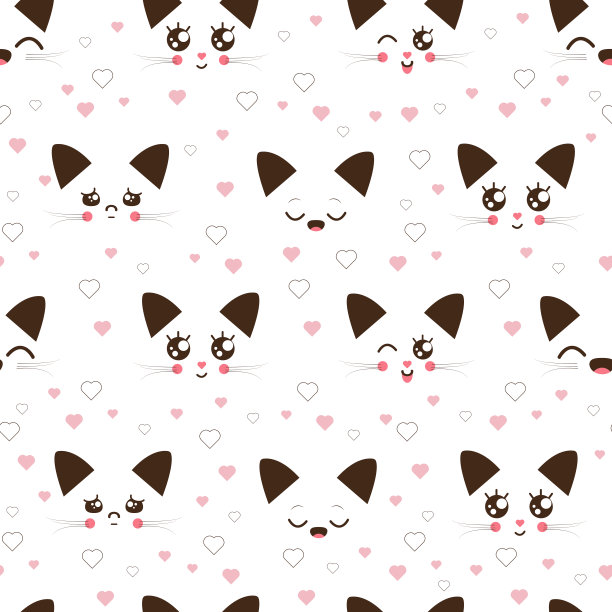 无缝图案与猫的脸在卡哇伊风格的白色背景图片下载