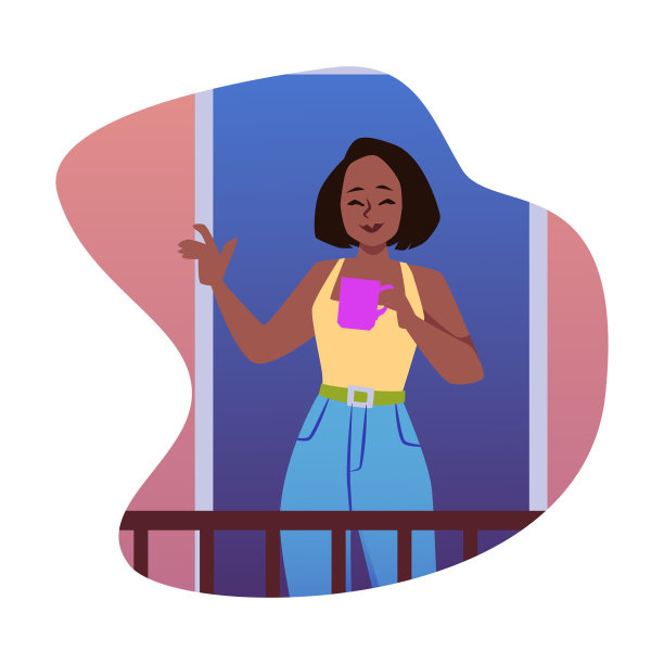 在阳台上喝茶的年轻女子，卡通人物享受咖啡矢量图图片下载
