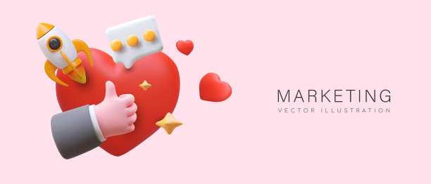 市场营销的概念。手显示拇指向上靠近心脏，火箭，信使图标图片下载