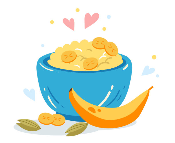 燕麦麦片早餐碗牛奶健康食品餐概念。矢量平面图形设计插图图片下载