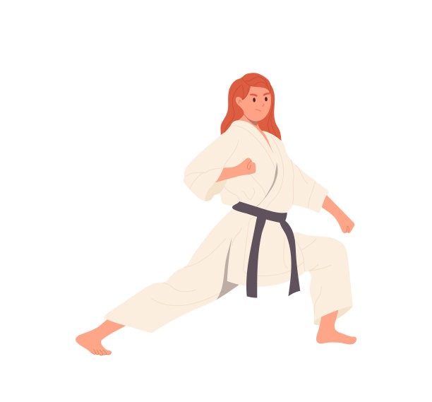 女空手道大师卡通人物穿着和服练习战斗技术孤立在白色图片下载
