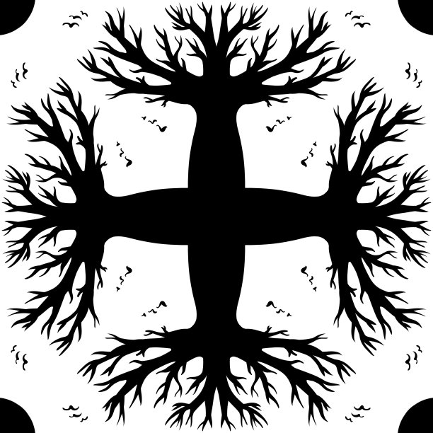 抽象的瓷砖装饰。白色背景上的黑色剪影——树木和鸟类，大自然。无缝模式。大的格式。图片下载