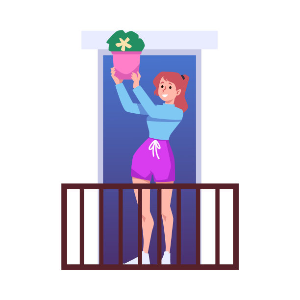 微笑的女人与室内植物站在阳台上，平面矢量插图孤立的白色背景。快乐的人在公寓里种植植物。社区的概念。图片下载