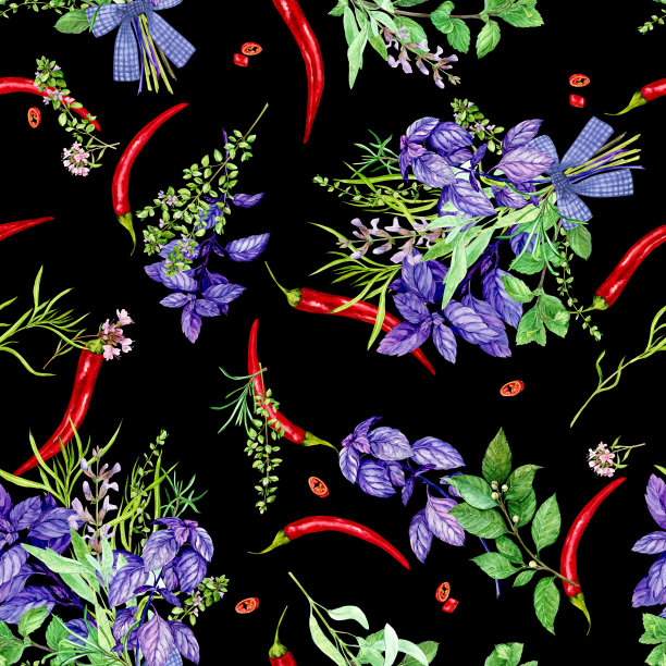 辛辣的草药，水彩插图。月桂，薄荷，紫罗勒，黑底红辣椒。设计菜单装饰，厨房纺织品。芬芳的香料。图片下载