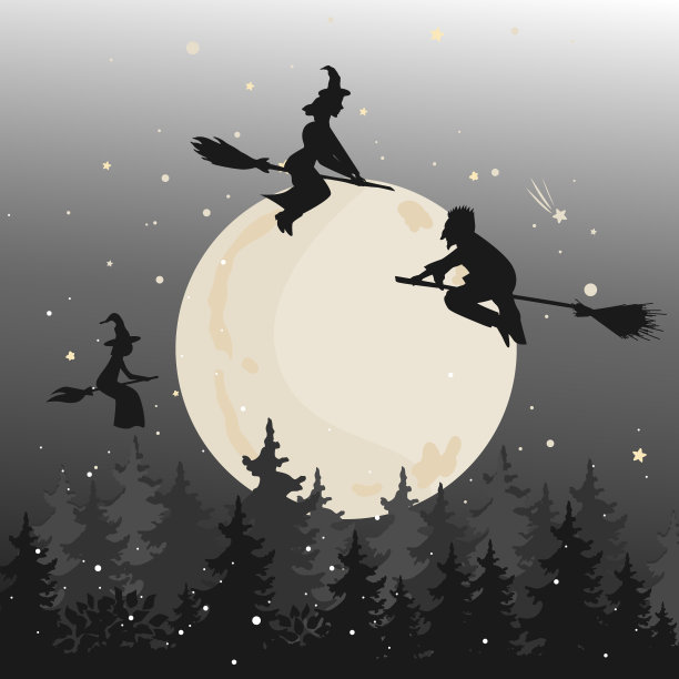 一个年轻男女巫师的黑色剪影骑着扫帚在夜空中飞过森林。矢量剪贴艺术的万圣节派对。图片下载